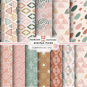 Könnte beinhalten: Eine Sammlung von 12 nahtlosen digitalen Mustern im PNG-Format mit verschiedenen Designs wie Dreiecken, Regenbögen, Sonnen, Sternen und abstrakten Formen in gedeckten Tönen von Rosa, Grün, Orange und Creme, mit dem Text 12 PNG PATTERNS.