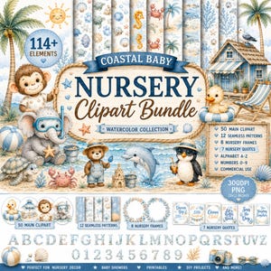 May include: A digital coastal baby nursery clipart bundle featuring watercolor illustrations of a monkey, elephant, turtle, crab, bear, dolphin, and penguin on a beach. Includes 114 elements, 12 seamless patterns, 8 frames, and 7 quotes in 300 DPI PNG format.