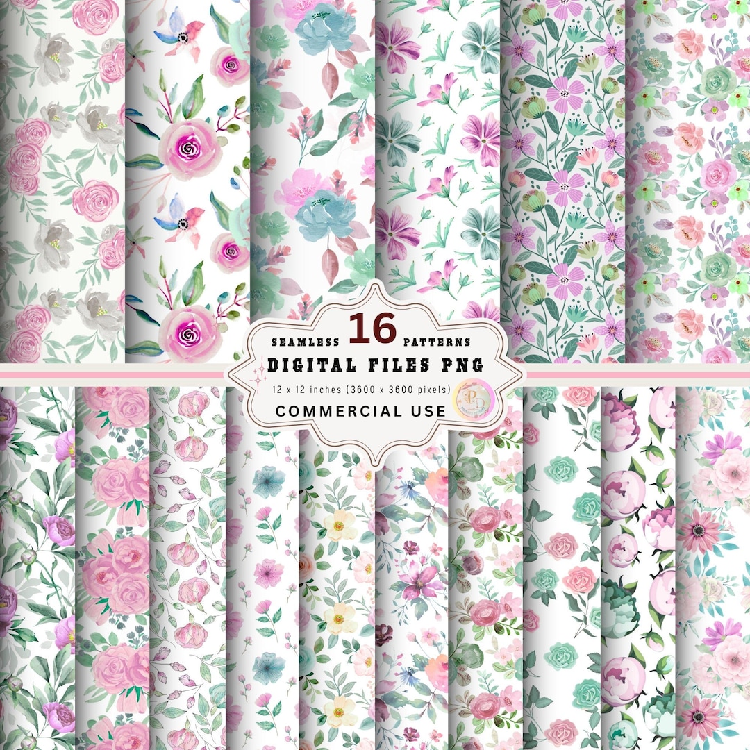 Watercolor Floral Seamless Digital Paper PNG Bundle, Cottagecore Rose ...