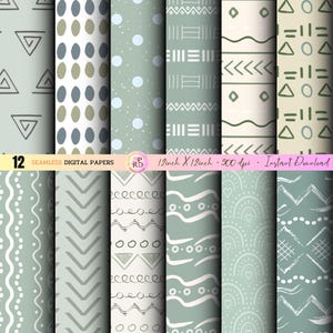 SAGE GREEN BOHO Seamless Digital Papers, Neutral Boho Digital Paper Doodles Scrapbook Paper Boho Seamless Pattern, Background Printable
