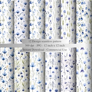 Blue Floral Watercolor Seamless Pattern | Spring Botanical Digital Paper | Printable Flower Background for Scrapbooking, Fabric, and Crafts