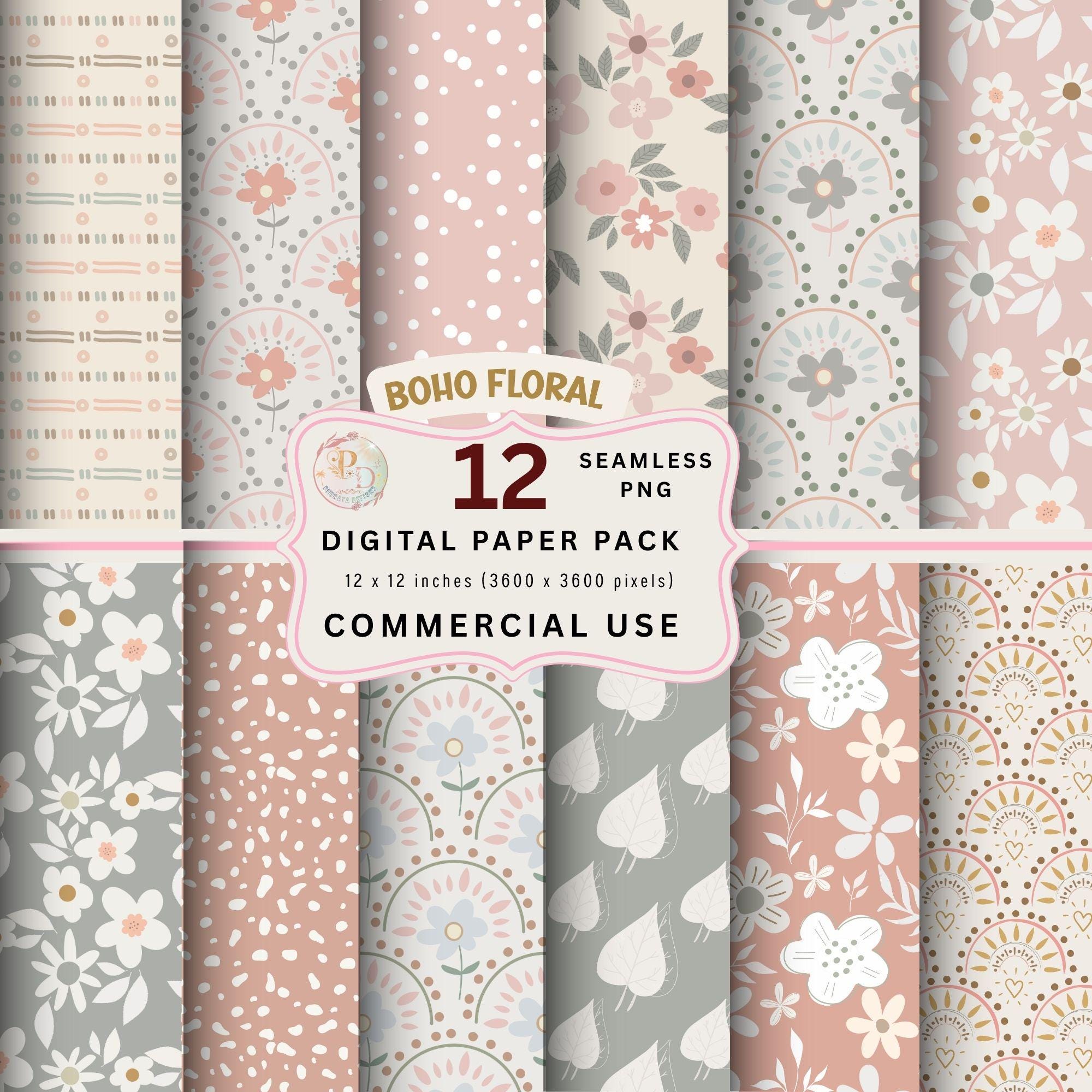 Boho Floral Seamless Paper Pack, Pink Sage Gray (PNG Digital Download ...