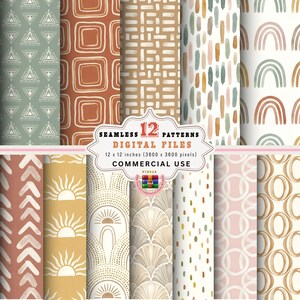 Puede incluir: Una colección de 12 patrones digitales sin costuras con varios diseños que incluyen triángulos, cuadrados, arcoíris, soles y conchas en tonos tierra. El texto dice Seamless 12 Patterns Digital Files 12 x 12 inches Commercial Use.
