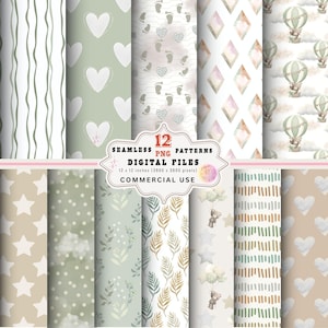 May include: A collection of 12 seamless digital patterns featuring various designs including sage green hearts, baby footprints, diamonds, hot air balloons with bears, stars, polka dots, botanical leaves, and stripes, labeled 12 x 12 inches.