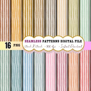 May include: Digital file of 16 seamless patterns with vertical, hand-drawn stripes in various colors, including brown, yellow, and pink. The patterns are 12 inches by 12 inches and are available for instant download.