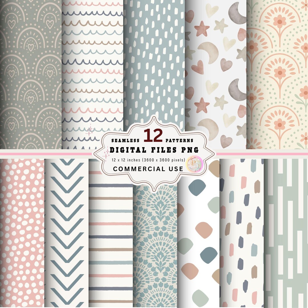Boho Nursery Seamless Digital Paper Pack, Pastel Scandi Patterns ...