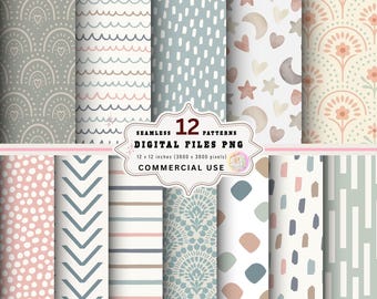 Paquet de papier numérique sans couture pour chambre d'enfant Boho, motifs Scandi pastel (téléchargement numérique)