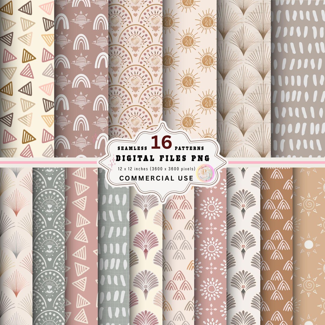 Boho Seamless Pattern Digital Paper Pack, Mid Century PNG Clipart - Etsy
