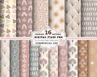 Boho naadloos patroon digitaal papierpakket, midden van de eeuw, png-afbeeldingen