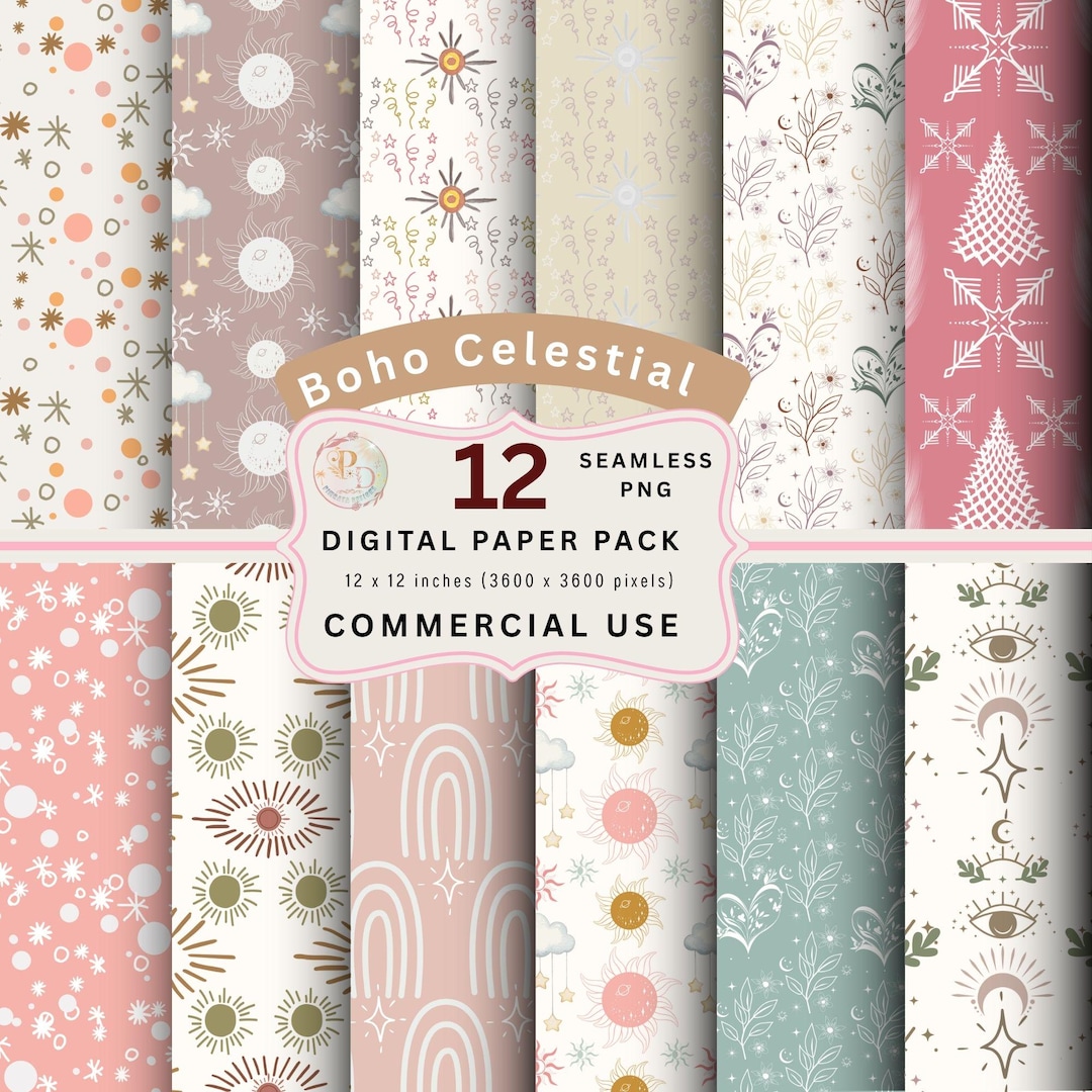 Boho Celestial Seamless Digital Paper Pack, Sun Moon Star PNG Patterns ...