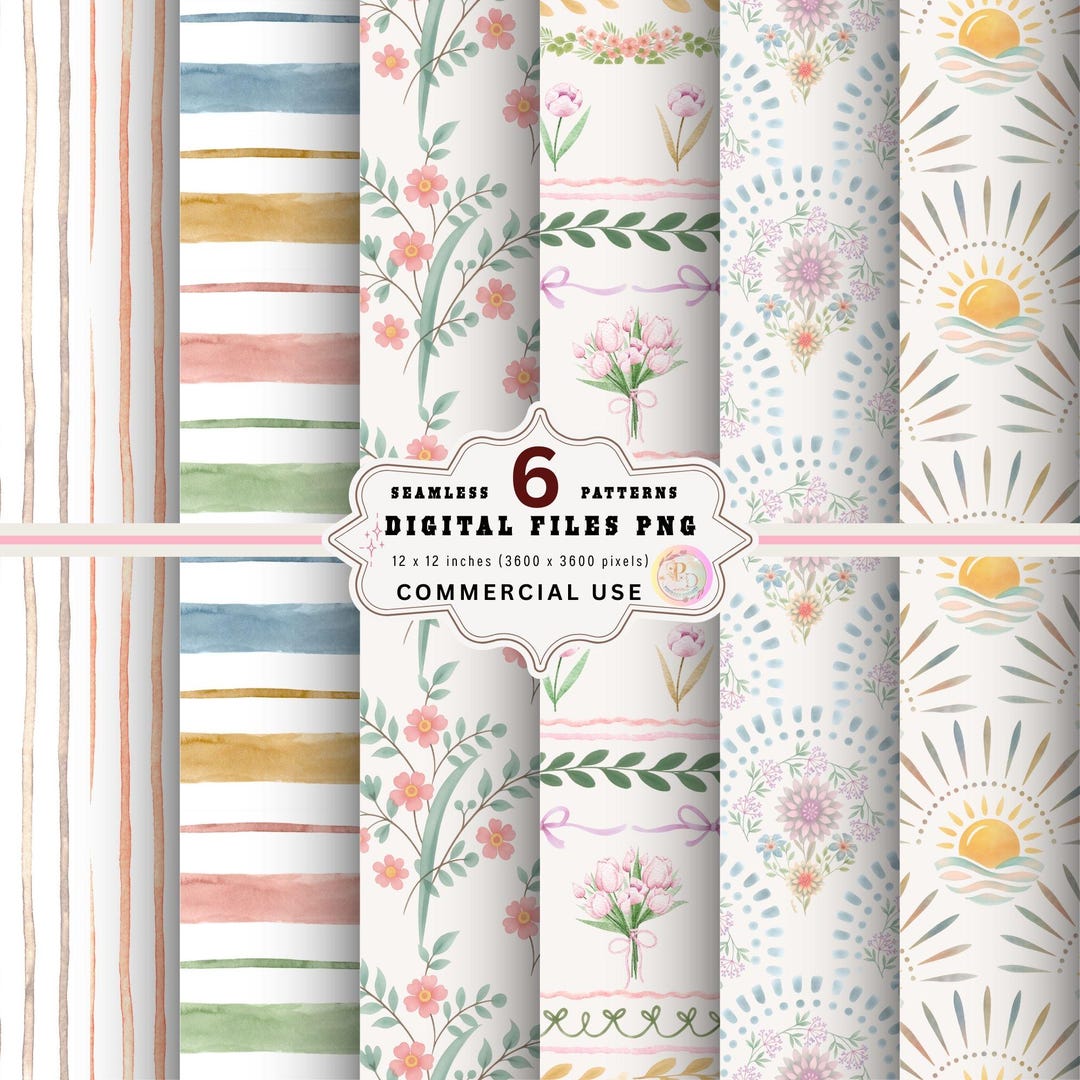 Cottagecore Boho Floral Seamless Digital Paper Bundle (6 PNG Patterns ...