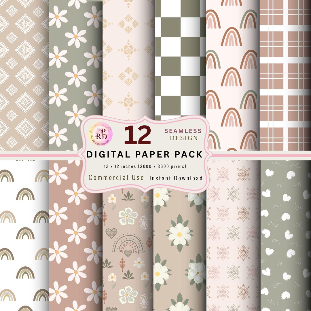 Neutral Boho Nursery Seamless Digital Paper Pack, Sage Green Beige ...