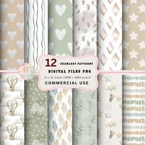 May include: A collection of 12 seamless digital patterns in PNG format, each 12 x 12 inches. The patterns feature various designs, including hearts, footprints, stars, and botanical elements in soft, neutral colors. The text on the image says "COMMERCIAL USE".
