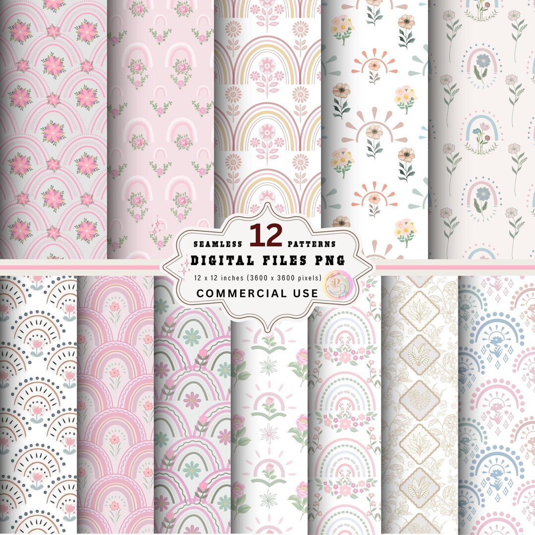 Coquette Rainbow Seamless Digital Paper Bundle, Pastel Floral Boho PNG ...