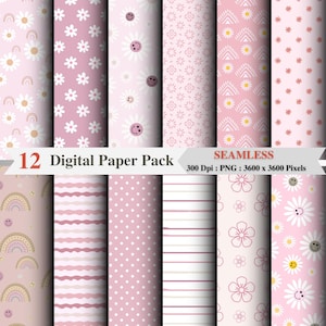 12 Pink Floral Seamless Patterns | Vintage Digital Paper PNG | Boho Seamless Digital Papers | Shabby Chic | Pastel Rainbow Floral