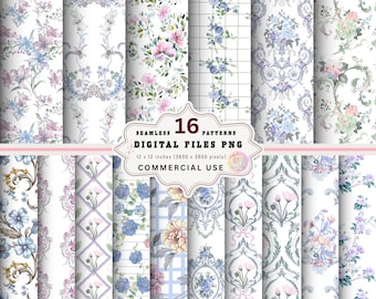 Diseños florales en acuarela estilo Grandmillennial sin costuras: Tela vintage de estilo preppy (descarga digital)