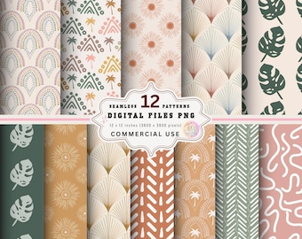 Boho Tropical Digital Paper Pack, Seamless Monstera Patterns (PNG Clipart)