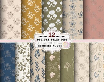 Boho Botanical Digital Paper Pack, Seamless Leaf Line Art (PNG)
