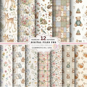 May include: A collection of 12 seamless digital patterns in PNG format, each 12 x 12 inches. The patterns feature watercolor illustrations of woodland animals, floral arrangements, and patchwork designs. The text on the image says "SEAMLESS 12 PATTERNS DIGITAL FILES PNG COMMERCIAL USE".