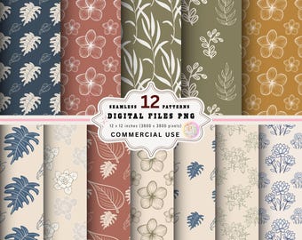 Boho Botanical Digital Paper Pack, Leaf Line Art (PNG, Commercial Use)