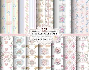 Pastel Floral Digital Paper Pack, Seamless Vintage Patterns (PNG, 12x12)