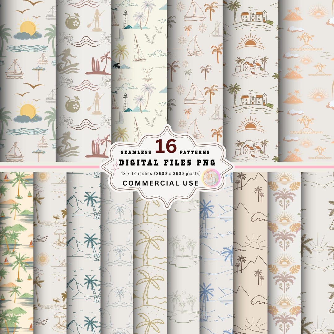 Coastal Line Art Seamless Patterns, Boho Beach Designs (PNG Digital ...