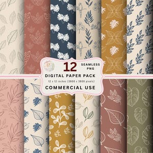 Puede incluir: Un paquete de papel digital con 12 diseños PNG sin costuras. Presenta patrones botánicos y de hojas en terracota, azul marino y dorado. El tamaño del papel es de 30,48 x 30,48 cm (3600 x 3600 píxeles) y es para uso comercial.