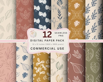Boho Botanical Seamless Paper Pack, Leaf Line Art (Digital Download)