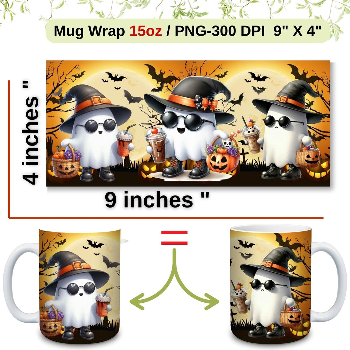 Cute Halloween Cup Wrap Ghost Pumpkins Halloween Mug Templates Mug ...