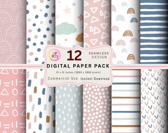 Baby Boho Digital Paper: Seamless Doodles, Scrapbook Background (PNG Format)