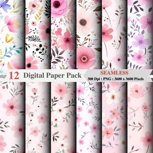 Vintage Floral Seamless Digital Paper Pack - 12 Pink Flower Patterns - PNG Download, Scrapbook, Junk Journal, 300 DPI