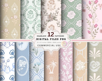 Vintage Floral Digital Paper Pack, Cottagecore Seamless Patterns (PNG)