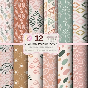 May include: A digital paper pack featuring 12 seamless designs with various patterns. The designs include geometric shapes, feathers, and stars in a palette of neutral tones, including beige, terracotta, and sage green. The pack is 12 x 12 inches and available for commercial use.