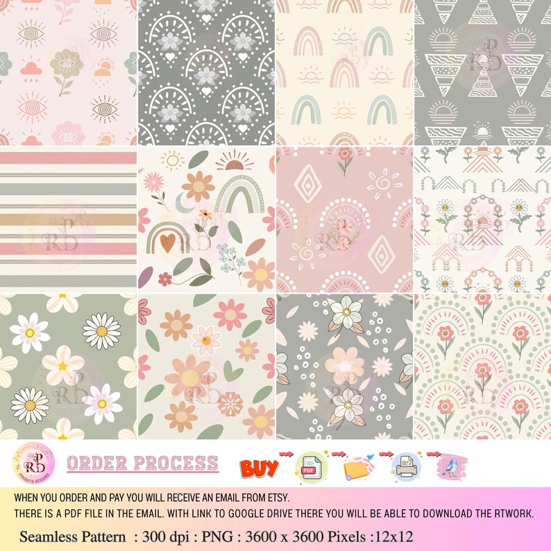 Boho Floral Digital Paper Pack, Seamless Patterns (digital Download) - Etsy