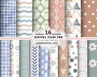 May include: A collection of 16 seamless digital patterns in PNG format. The patterns feature various designs, including gingham, wavy lines, bows, diamonds, triangles, polka dots, and floral motifs. The color palette includes blue, green, pink, and brown tones. The text reads "16 SEAMLESS PATTERNS DIGITAL FILES PNG 12 x 12 inches (3600 x 3600 pixels) COMMERCIAL USE".