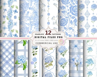BLUE  HYDRANGEA Floral Digital Paper Pack: 12 Seamless Vintage Patterns Instant Download