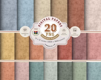 May include: A collection of 20 digital papers featuring a textured, solid-coloured surface in various shades including blue, beige, brown, pink, and green. The central label displays the text 20 PNG Seamless Pattern 12 x 12 inches 3600 x 3600 pixels.
