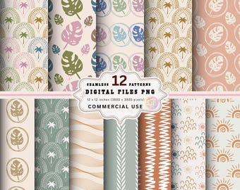 Boho Tropical Digital Paper Pack, Seamless Monstera PNG Clipart (Commercial Use)