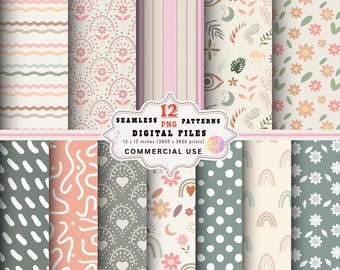 Pacchetto di carta digitale Boho Seamless, vivaio floreale (uso commerciale) (download digitale)