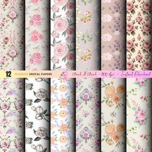 PINK DIGITAL PAPER Vintage Watercolor Pink Roses Digital Paper Seamless, Shabby Chic Digital Paper Pack, Roses Scrapbook, Pink Vintage Roses