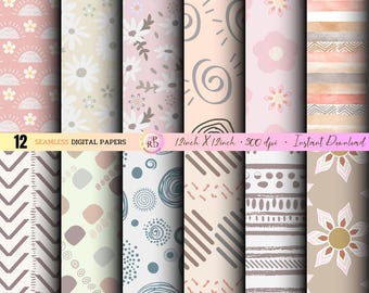 Set di carta digitale Boho: motivi senza soluzione di continuità per scrapbooking (PNG, 12x12")