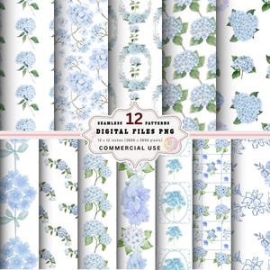 May include: A collection of 12 seamless digital patterns featuring watercolor illustrations of blue hydrangea flowers on a white background. The patterns are 12 x 12 inches (3600 x 3600 pixels) and are for commercial use.