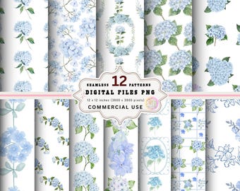 May include: A collection of 12 seamless digital patterns featuring watercolor illustrations of blue hydrangea flowers on a white background. The patterns are 12 x 12 inches (3600 x 3600 pixels) and are for commercial use.