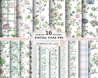May include: Sixteen seamless digital patterns in PNG format, each 12 x 12 inches. The patterns feature floral designs in various styles, including roses, vines, and geometric trellis patterns. Colors include pink, green, and white. The text on the image says "16 PATTERNS DIGITAL FILES PNG".