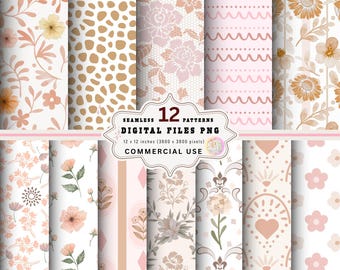 Boho Floral Digital Paper Pack, Pastel Flowers PNG, Seamless Patterns (Digital Download)