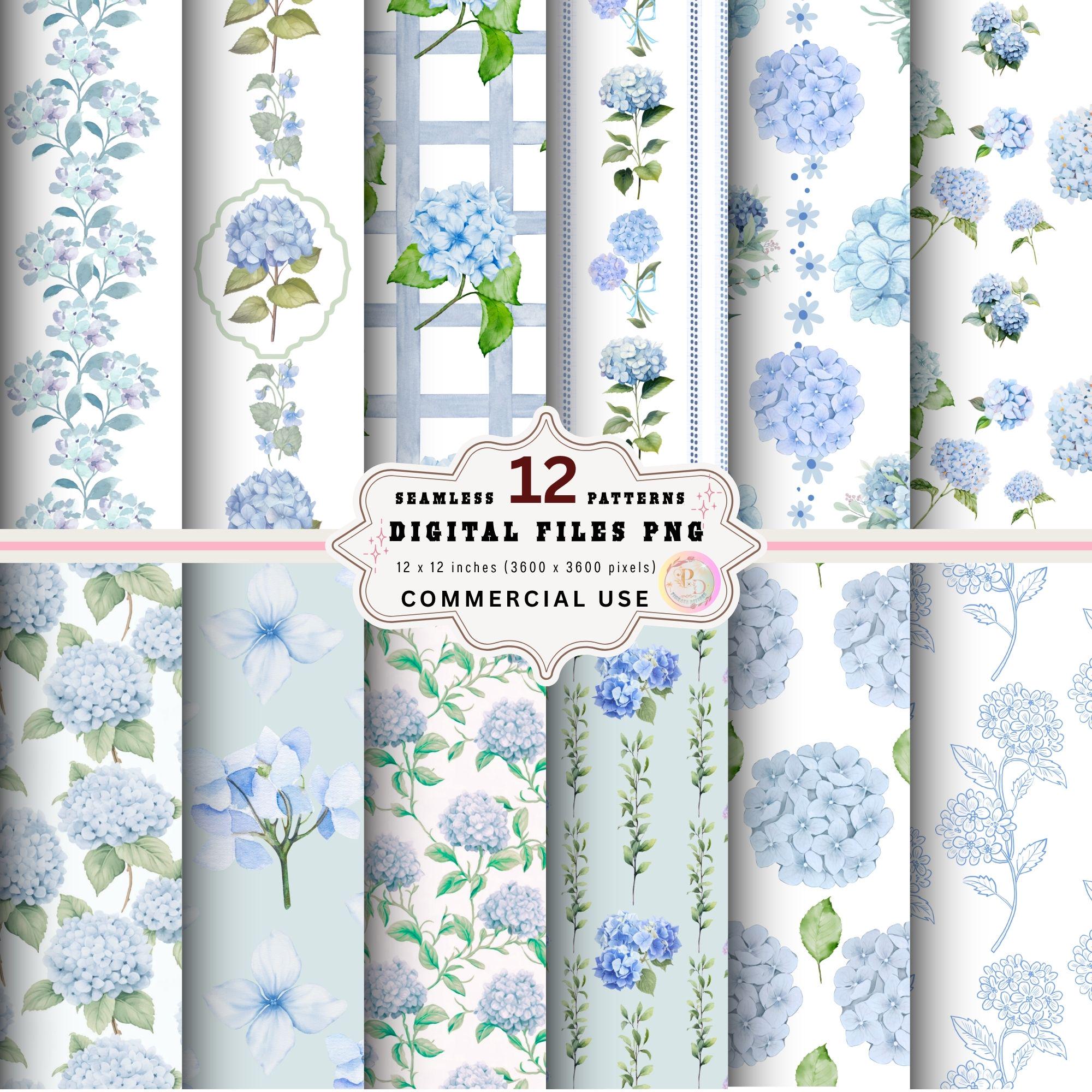 Blue Hydrangea Digital Paper Pack, Seamless Watercolor Floral Patterns ...