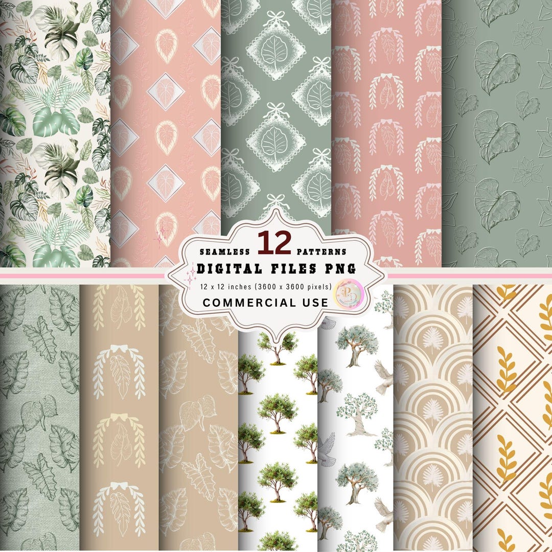 Boho Tropical Seamless Digital Paper Pack, Neutral Botanical Patterns ...
