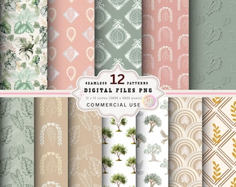 Boho Tropical Seamless Digital Paper Pack, Neutral Botanical Patterns, Vintage Leaf Scrapbook (Digital Download)