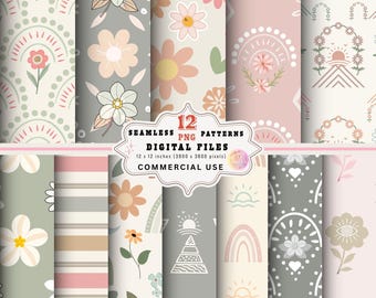 Boho Floral Digital Paper Pack, Seamless Patterns (Digital Download)