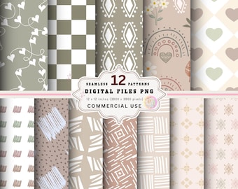 Pacchetto di carta digitale Boho: verde salvia, crema, beige (download digitale)